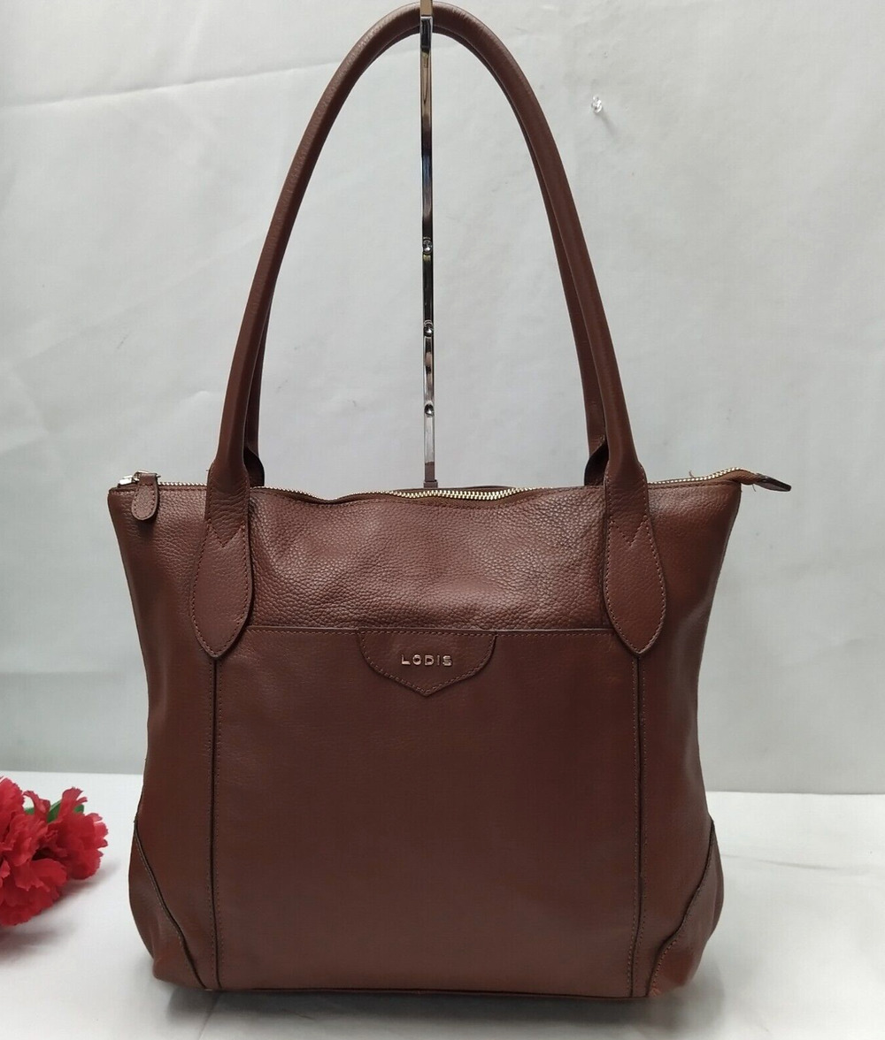 Lodis Brown Leather Double Handles Zipper Closure Tote Shoulder Bag